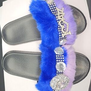 Women's Blue and Purple Fur Embellished Slides